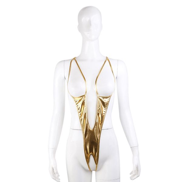 Damen-Bodysuit mit offener Brust, glänzender Metallic-Trikot, ouvert, Neckholder, Dessous, Neuheit, tiefes V-Ausschnitt, Teddies, Damen-Fetisch-G-Strings