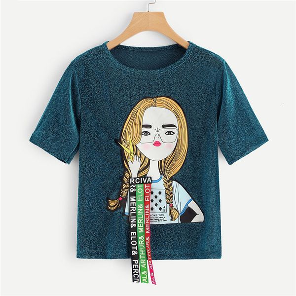 

дизайнер shirt женщины топы turquoise рисунок печать шпильки detail блеск tee женщины 2019 summer casual streetwear мода топы tshirt, White