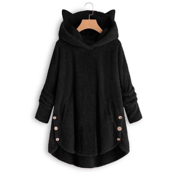 

women hoodies button coat solid hooded pullover loose sweatshirt blouse plus size ropa mujer, Black