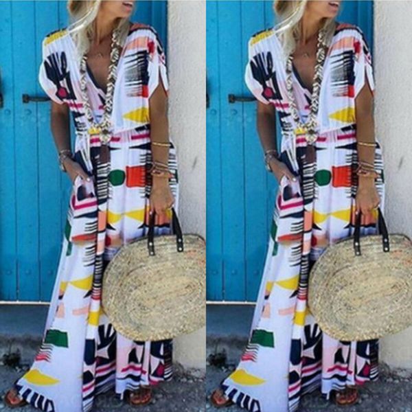 

Womens Vintage V-Neck Short Sleeve Print Baggy T-Shirt Maxi Dress Summer Casual