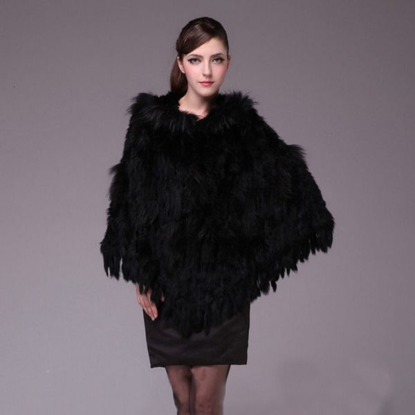 

2020 new women's fur wrap winter warm ladies knitted natural and raccoon fur shawl with hooded clothes fashion luxury, Black