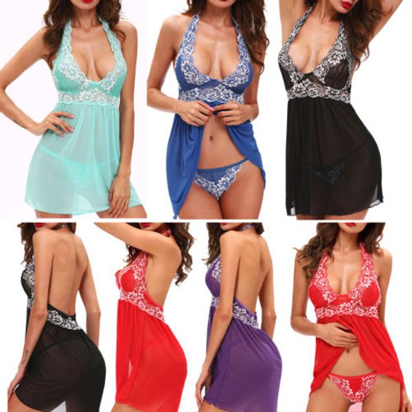 

itfabs chiffon lace dress women' lingerie nightwear underwear g-string babydoll sleepwear robe dress new 5colors, Blue;gray