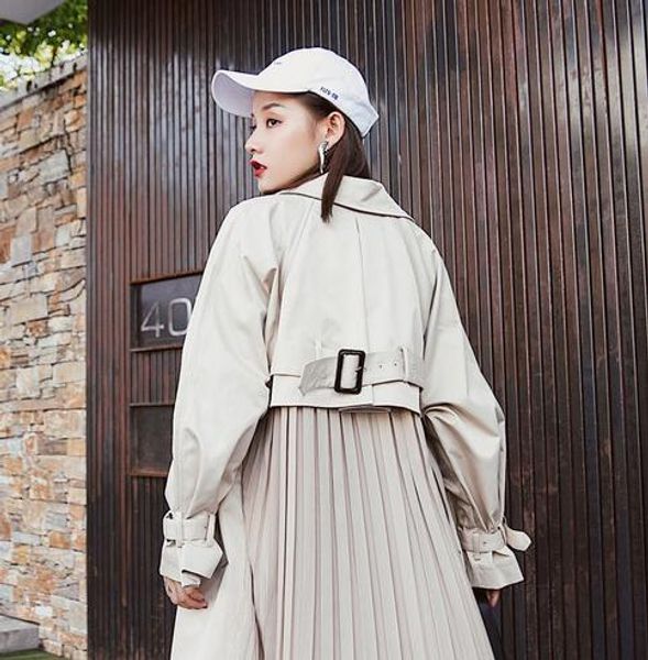 

british style long sleeves spring summer thin coats women"s long sleeve windbreaker pleated overcoats abrigo mujer, Tan;black