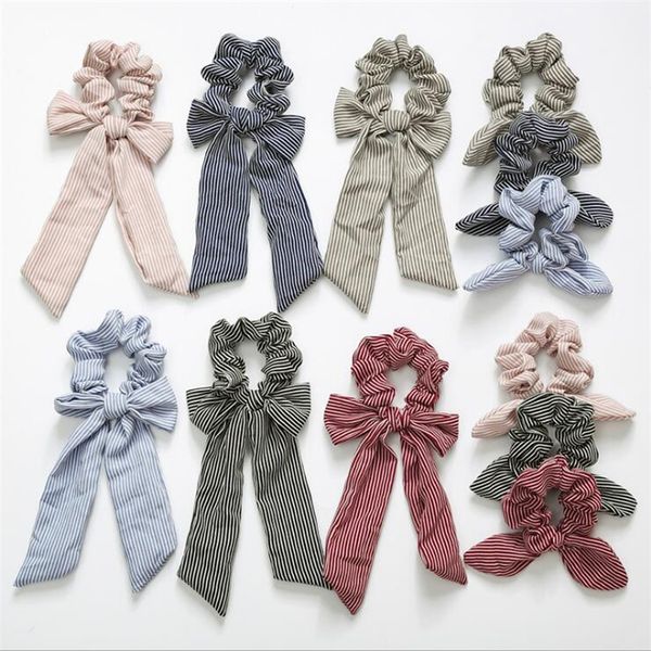 

ins stripe hair scrunchies bow accessories hair bands ties scrunchie ponytail holder rubber rope decoration big long bow bunny ears fj650, Slivery;white