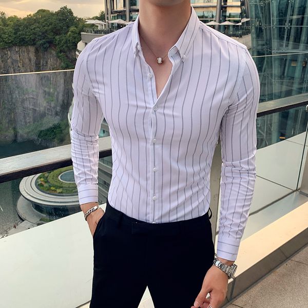 

british style non-iron striped shirts for men autumn winter long sleeve men's social shirts slim fit casual blouse men high quality, White;black
