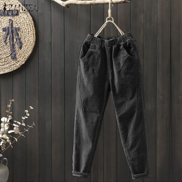 

corduroy pants womens autumn harem trousers zanzea winter high elastic long pantalon female palazzo plus size casual turnip, Black;white