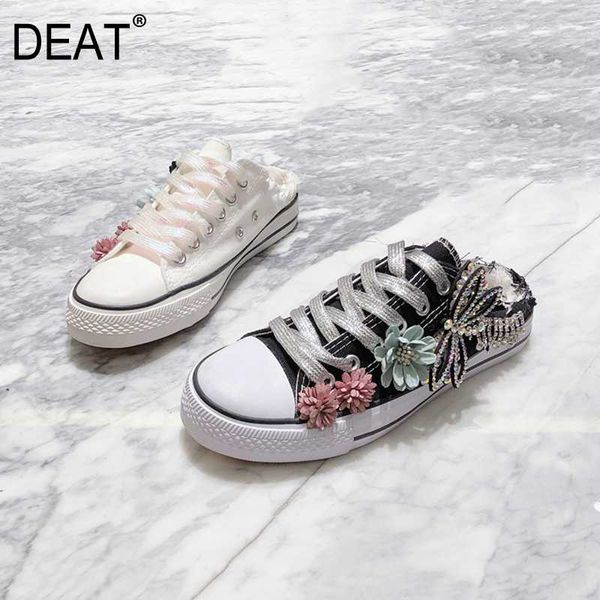 

deat] 2020 new spring summer shell toe lace-up flower crystal rhinestone canvas flat slippers women shoes fashion tide 10h210, Black