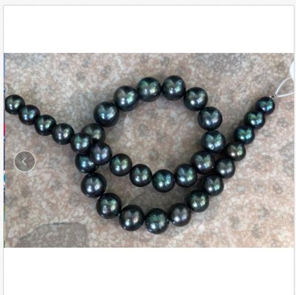 

huge 10-12mm tahitian round black green pearl necklace 18inch, Silver