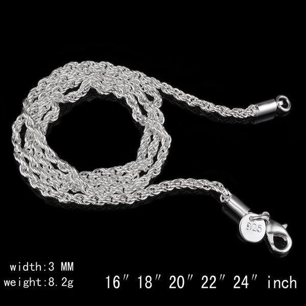 

3mm rope chains 925 sterling silver plated necklaces fashion men lobster clasps jewelry women gifts 16 18 20 22 24 26 28 30inch