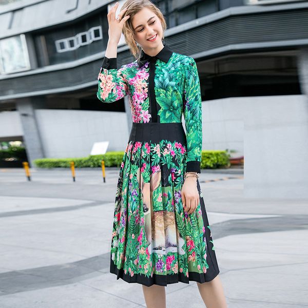 

женские платья подиум turn down воротник длинные рукава printed плиссе high street fashion casual платье, Black;gray