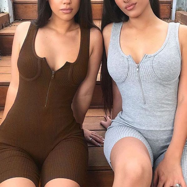 

women v-neck zipper sleeveless jumpsuit ribbed bodycon biker shorts rompers, Black;white