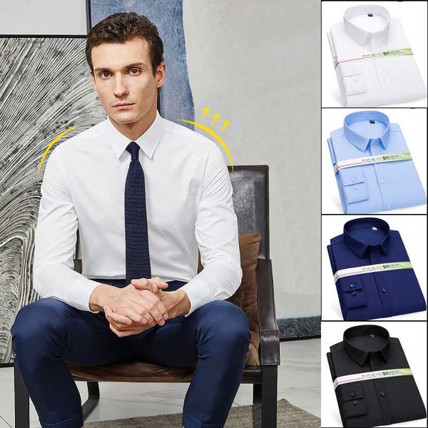 

long sleeve shirt for men business casual regular fit mens clothing solid color bamboo fiber easy care gentlemen dress shirts, White;black