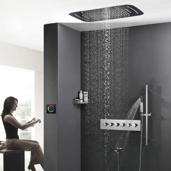 

bathroom shower set thermostatic mixer shower faucets led ceiling rainfall showerhead misty rain shower waterfall with slide bar