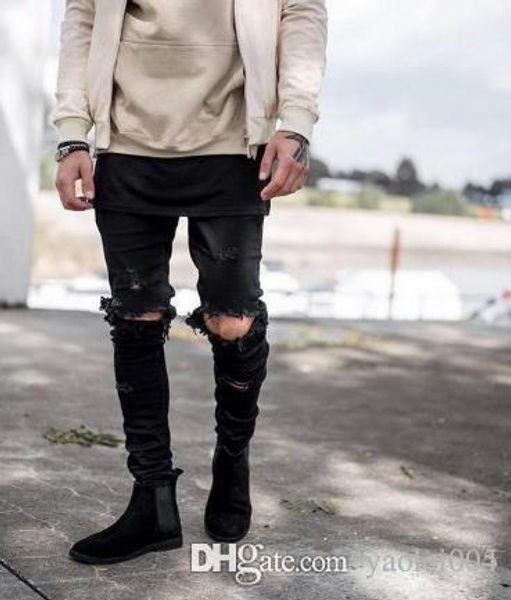 

mens fashion jeans high street slim tide hole retro ripped jeans mens luxury designer denim trousers, Blue