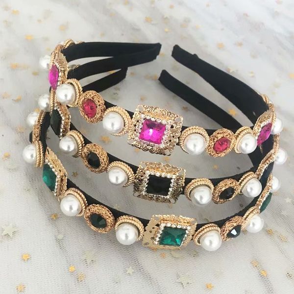

charm rose crystal baroque fine headband gold metal carved green gem crown tiara headwear for women wedding hair jewelry gift, Golden;white