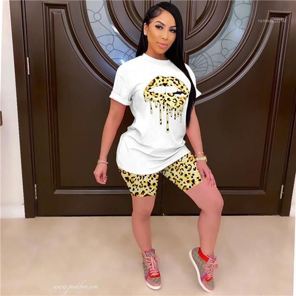 

2pcs leopard big lips print tracksuits summer designer crew neck short sleeve suits females fashion new style sets womens, Gray