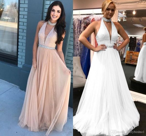 

shinny a-line party dresses long sequined dusty pink prom evening formal dress halter backless club cocktail gown, Black