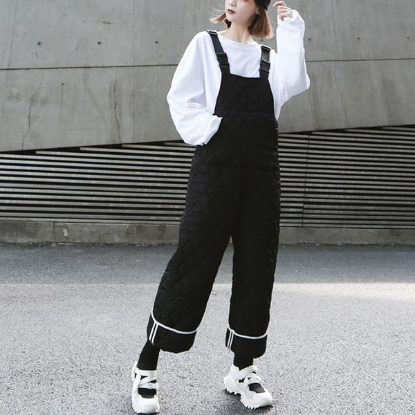

johnature new fashion original wide leg jumpsuits 2019 winter sleeveless solid color loose pockets ankle-length women playsuits, Black;white