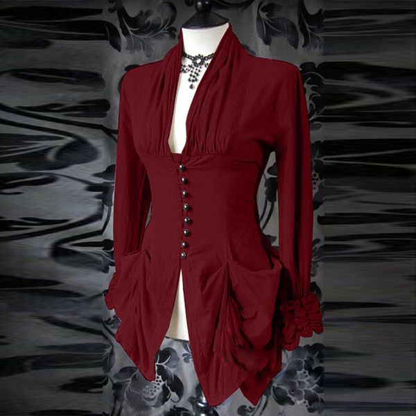 

plus size women medieval steampunk v-neck long sleeve slim shirts costume, White