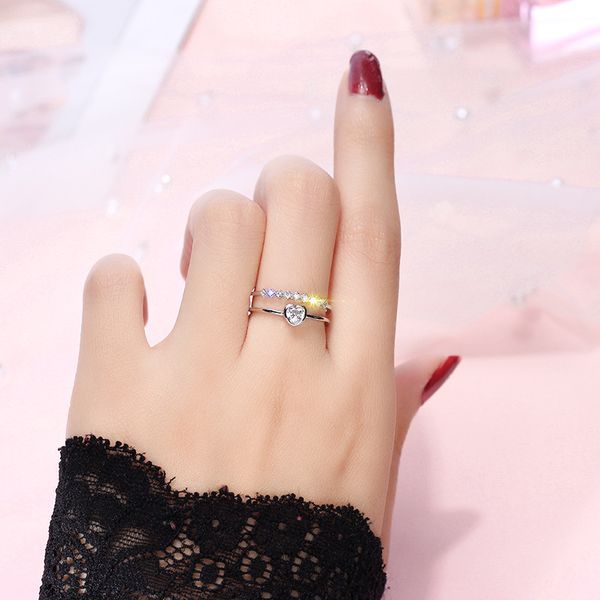 

cool rhinestone heart adjustable ring women's joints forefinger japanese korean students chic minimalist online celebrity cool r, Silver