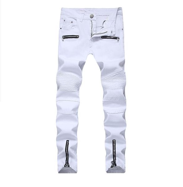 

european and american high street men's locomotive jeans black trendy pleated stretch slim feet pants jeans plus size 29-42, Blue