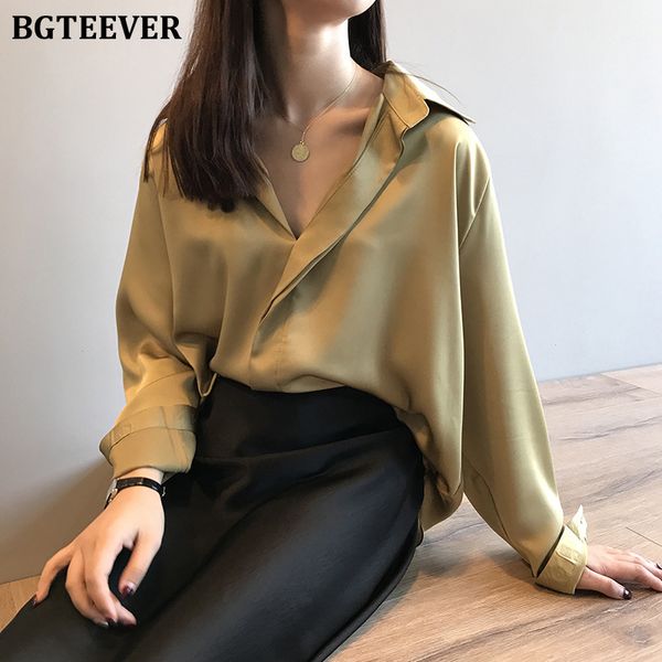 

women's blouses & shirts bgteever elegant long sleeve satin women turn-down collar loose female blusas 2021 spring summer, White