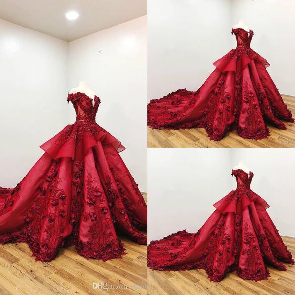 

red beaded ball gown prom dresses 3d floral appliqued lace off the shoulder evening gowns court train formal pageant party dress, Black