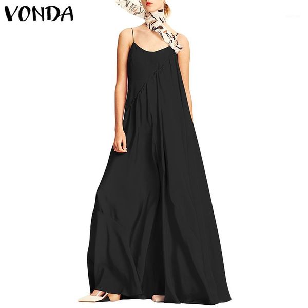 

vonda women dress 2019 summer beach spaghetti strap sleeveless long maxi dresses casual loose plus size vestidos1, Black;gray