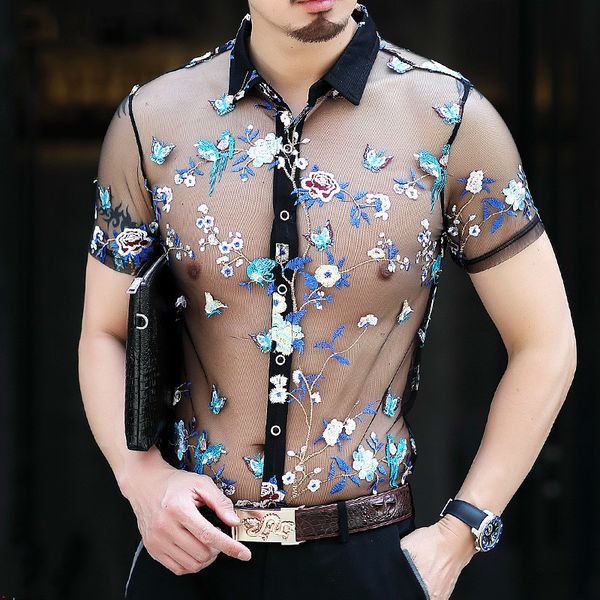 

super transparent shirt emboridery camisa hombre slim fit mesh shirt men outfit 4xl flower see through, White;black