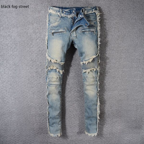 

black fog street 8818# men's stretch denim biker jeans for motorcyle slim fit gradient color pleated pants high quality, Blue
