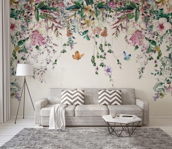 Personalizado 3D papel de parede mural fresca aquarela videira flores sala de estar quarto quarto de fundo crianças fundo home melhoria uma pintura para a parede murais papéis de parede