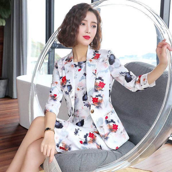 

2020 new women work 2 piece set female business uniform floral print blazer and dress two piece suit office lady suit z26, White