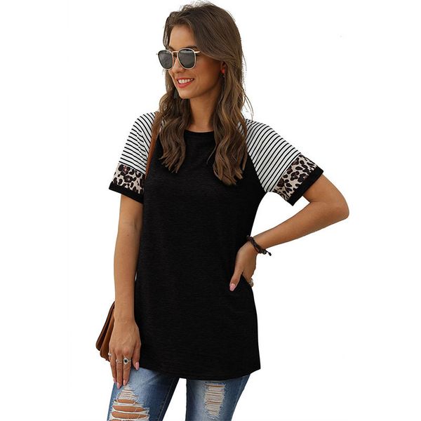 

short sleeves casual women tee shirts gray o neck leopard patchwork pullover 2020 spring summer black slim tshirts, White