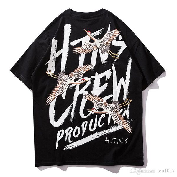 

crane printed street hip hop t-shirt men women summer cotton tee shirts men's tshirts male couple clothing, White;black