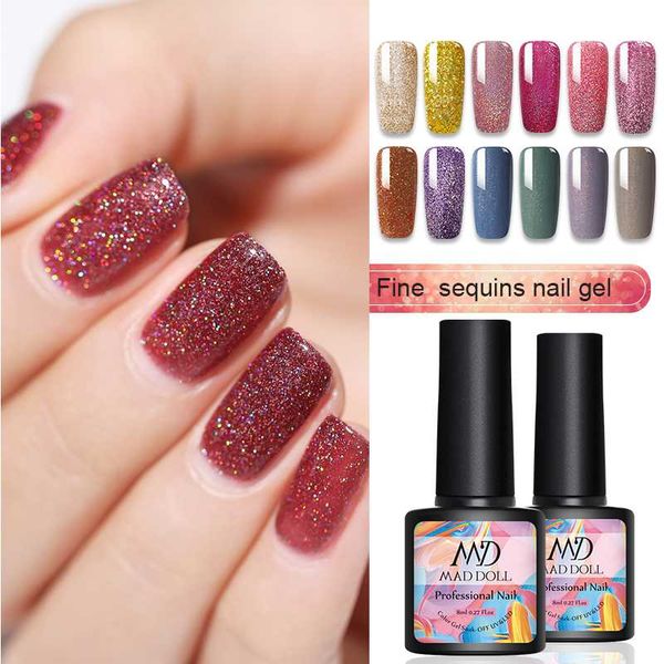 

8ml mad doll 1 bottle 12 colors fine sequins uv gel bling sequins holographics uv soak off manicuring nail gel polish, Red;pink