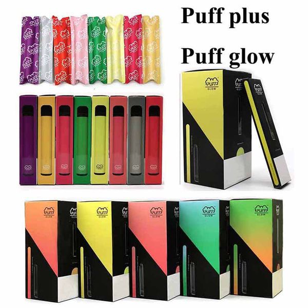 

Новая СЛОЙКА BAR PLUS Puff Puff Plus Glow Одноразовый Vape Pen 550mAh аккумуляторные батарея 3,2 мл стручков картриджей электронной Cigs Испарители устройство 15 цветов