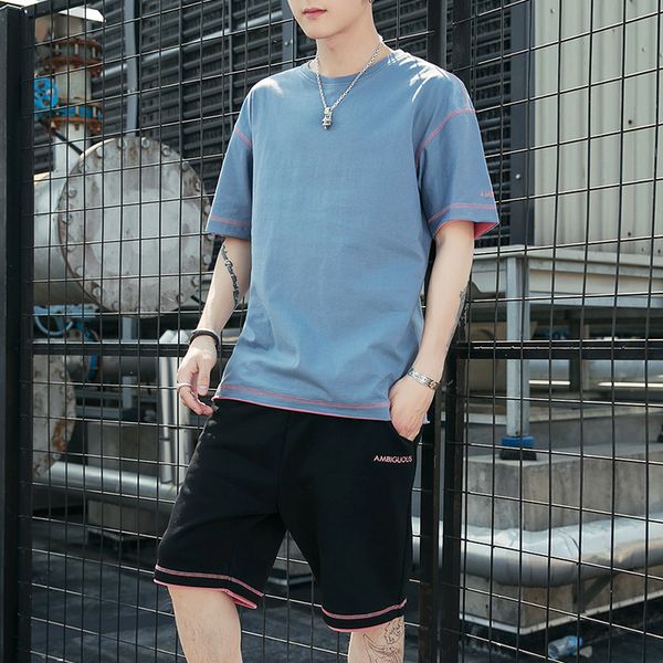 

2020 short-sleeved suit summer men's korean loose round neck t-shirt five-point shorts men's sports casual suit asian size 14 colo, Gray