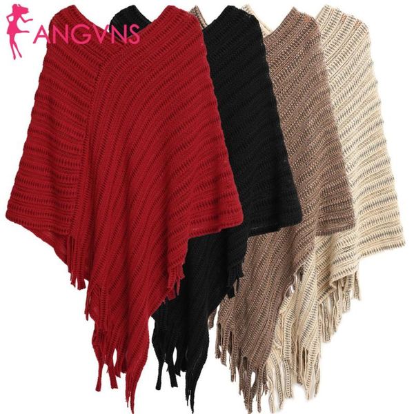 

fashion ladies women irregular casual v-neck 3/4 sleeve striped tassels loose knitting cape sweaters, White