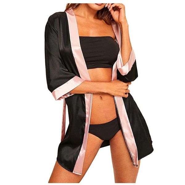 

women's sleepwear patchwork nightgown women silk long sleeve satin pajamas robe belt bathrobe plus size nightwear nightgowns, Black;red