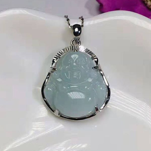 

drop shipping burma jade maitreya buddha pendant amulet milefo jade stone necklace for men women jadetite jewelry, Silver