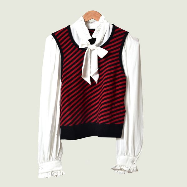 

2019 fall autumn long sleeve stand neck striped print knitted ribbon tie panelled pullover sweater women fashion sweaters o16151101m, White;black
