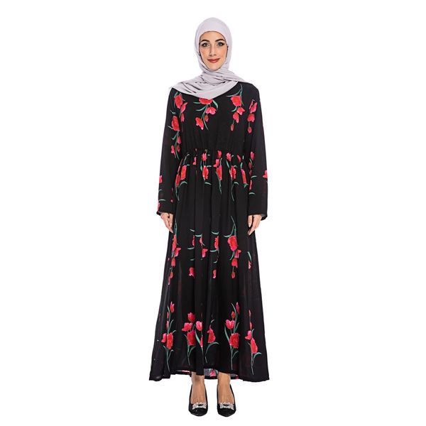 

new arrival selling spring summer floral printed dress long sleeve crew neck ladies fashion dress, Black;gray