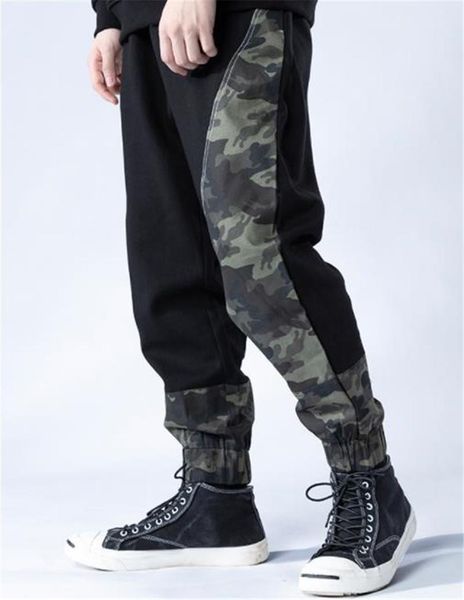 

mens drawstring pockets designer pants camouflage panelled fashion loose panelled mens pants casual males clothing, Black