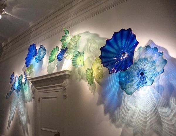 

murano plate flower arts lamp color blue and green 100% hand blown glass hanging plates wall art