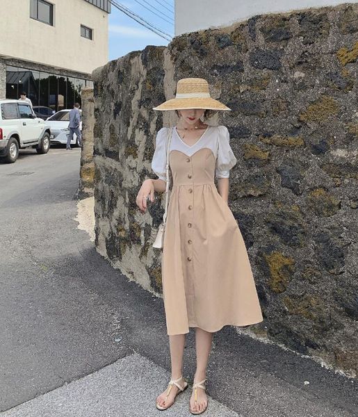 

ead лето французский ретро высокая талия платье цвета хаки женский корейский стиль элегантный v-образным вырезом однобортный с короткими рук, Black;gray