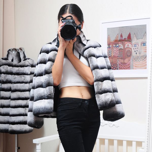 

Natural chinchilla rex rabbit fur coat jacket hort overcoat tand collar triped outerwear coat 2019 women 039 winter clothing y190906, Black;brown