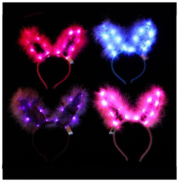 

led light luminous headband flashing feather headdress hair hoop toy rabbit bunny ears kid birthday party hair band, Slivery;white