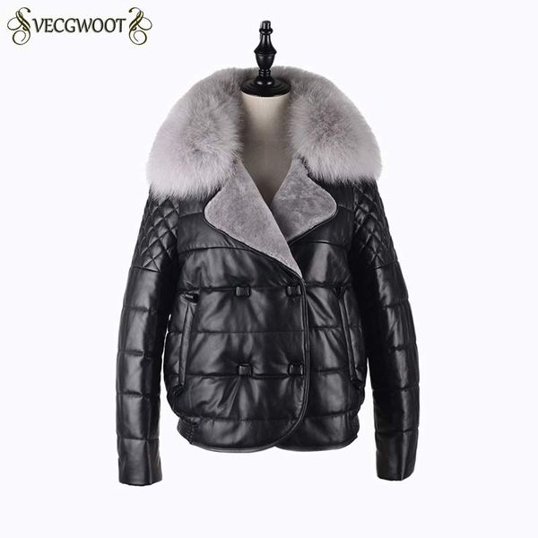 

fashion women genuine leather down jacket 2018 winter new females coat slim thicker warm outerwear fur collar short pr372, Black