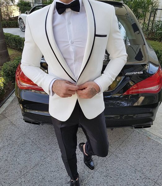 Moda Beyaz Siyah Damat Smokin Ceket Erkek Takım Elbise Bir Düğme Basit Custom Made En Kaliteli Damat Giyim
