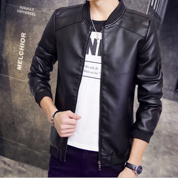 

leather jacket casual men's machine leather jacket vertical collar pu, Black